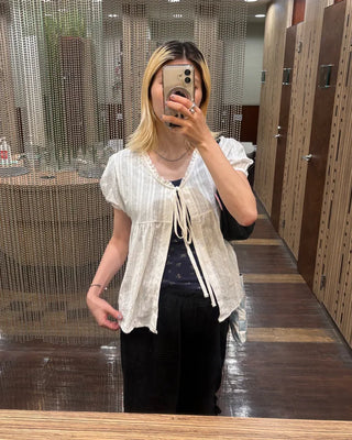 Striped front-open puff blouse