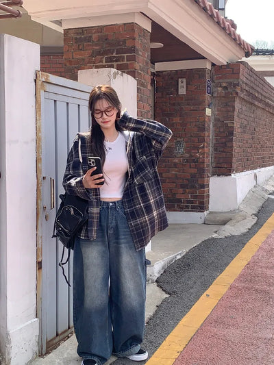 Loose-fit checked hooded shirt