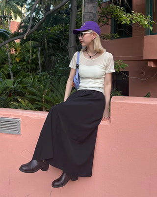 Elastic waist yoke line flared maxi skirt