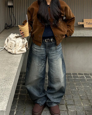 Seam-stitched distressed wide-leg denim pants