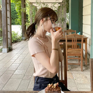 Asymmetrical Ribbon Short-Sleeve Knit