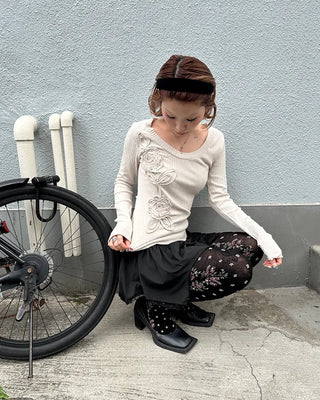Glass Neck Flower Rib Pile Long T-Shirt