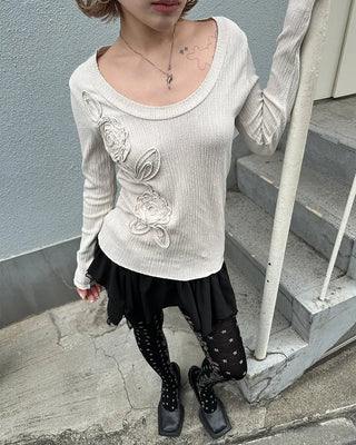 Glass Neck Flower Rib Pile Long T-Shirt