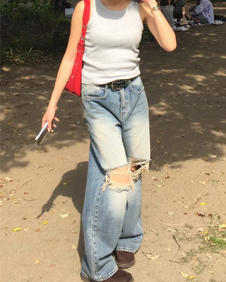 Vintage distressed wide-leg denim pants