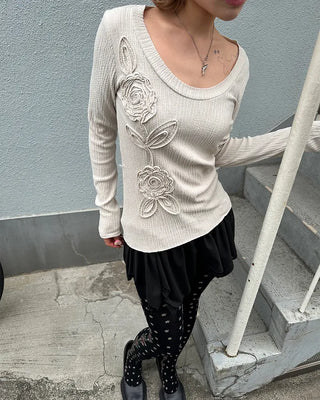Glass Neck Flower Rib Pile Long T-Shirt