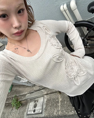 Glass Neck Flower Rib Pile Long T-Shirt