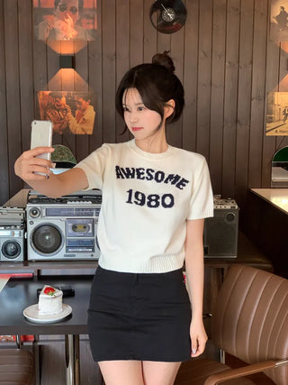 Lettering Short-Sleeve Knit Sweater