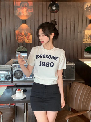 Lettering Short-Sleeve Knit Sweater
