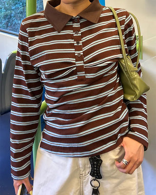 Triple Border Polo Neck Gathered Long T-Shirt