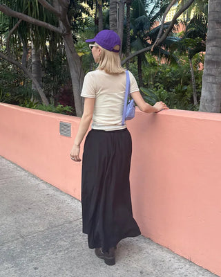 Elastic waist yoke line flared maxi skirt