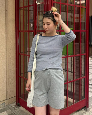 Border Slash Neck Cropped Sleeve T-Shirt