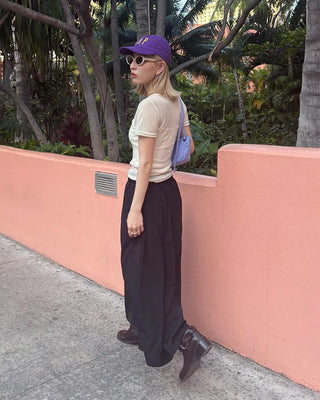 Elastic waist yoke line flared maxi skirt