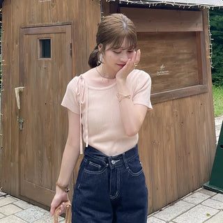 Asymmetrical Ribbon Short-Sleeve Knit
