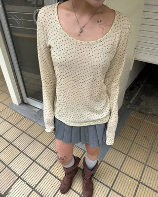 2-way neck floral rib long T-shirt