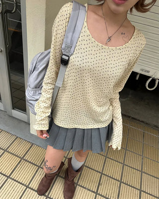 2-way neck floral rib long T-shirt