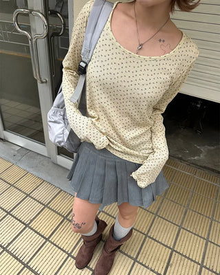 2-way neck floral rib long T-shirt
