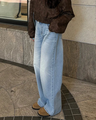 Whiskered Wash Wide Denim Pants
