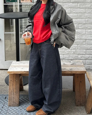 Hip studded flap pocket rigid balloon jeans