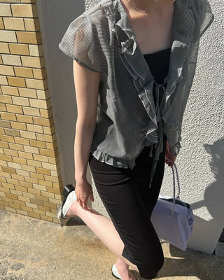Checked chiffon sheer ruffle blouse