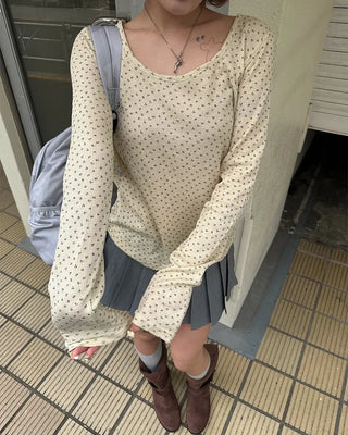 2-way neck floral rib long T-shirt