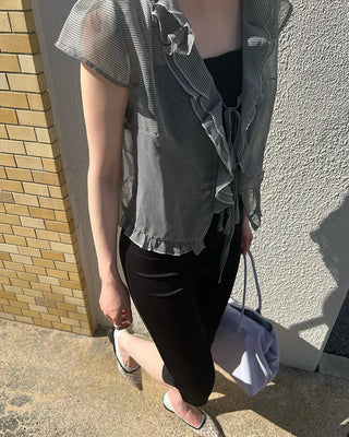 Checked chiffon sheer ruffle blouse