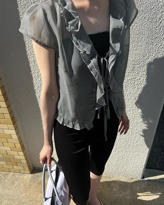 Checked chiffon sheer ruffle blouse