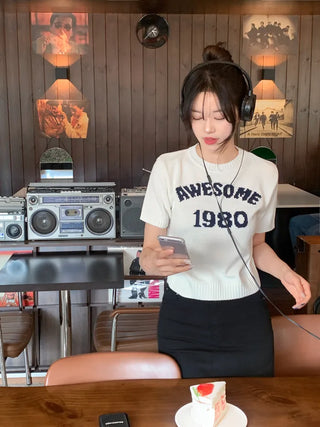 Lettering Short-Sleeve Knit Sweater