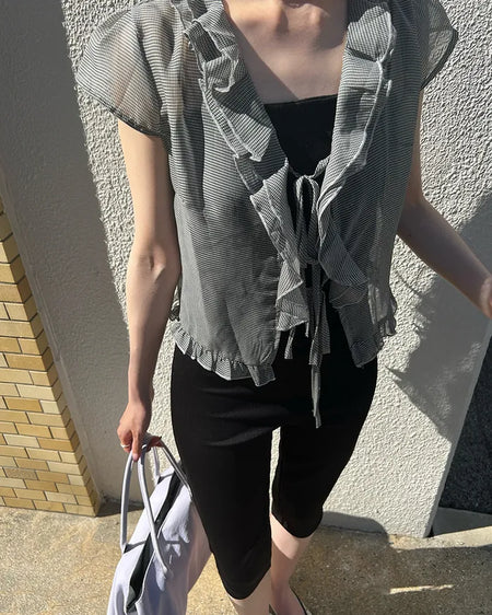 Checked chiffon sheer ruffle blouse