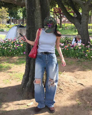 Vintage distressed wide-leg denim pants