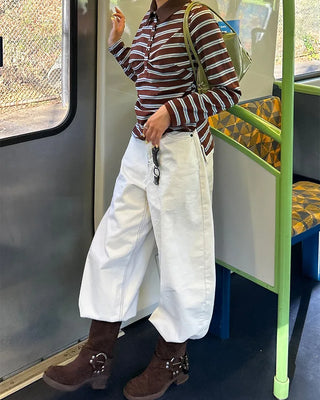 Triple Border Polo Neck Gathered Long T-Shirt