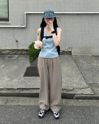 Color striped elastic waist pants