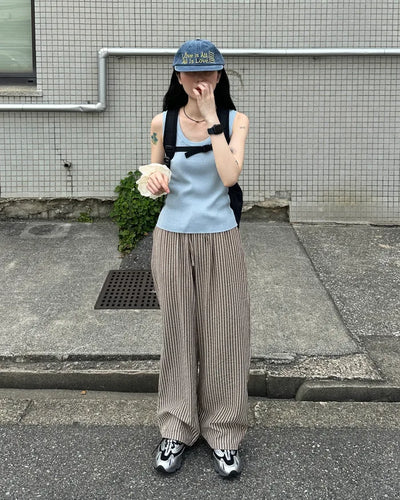 Color striped elastic waist pants