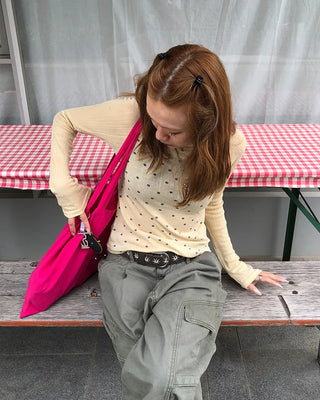 Boat neck polka dot ribbed long T-shirt