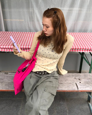 Boat neck polka dot ribbed long T-shirt