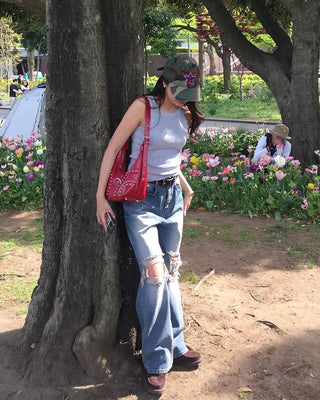 Vintage distressed wide-leg denim pants