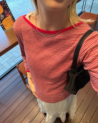 Border Slash Neck Cropped Sleeve T-Shirt