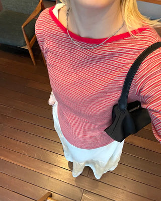 Border Slash Neck Cropped Sleeve T-Shirt