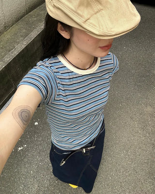 Multi-striped short-sleeved T-shirt