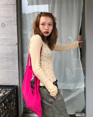 Boat neck polka dot ribbed long T-shirt