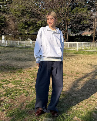 Double-pleated wide cotton pants