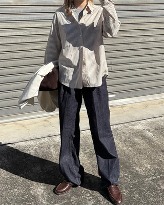 (Unisex) Two-pleat rigid denim pants