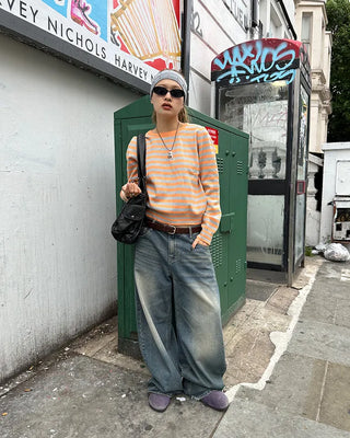 Round neck striped ribbed hem knit