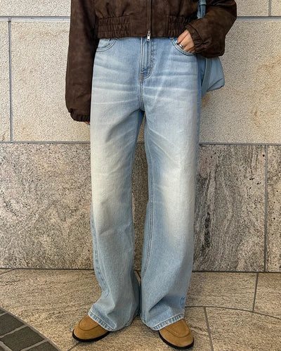 Whiskered Wash Wide Denim Pants