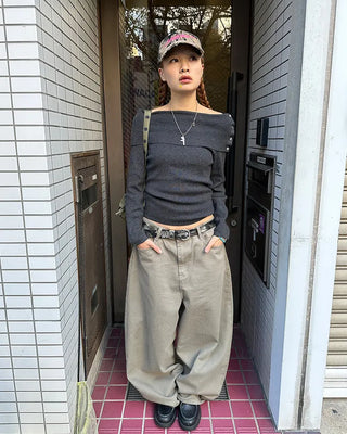 Button-wrap off-shoulder ribbed knit