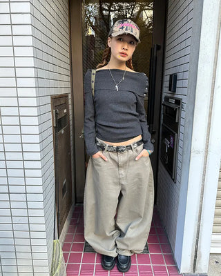 Button-wrap off-shoulder ribbed knit
