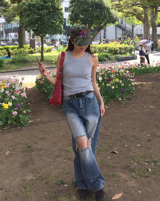 Vintage distressed wide-leg denim pants