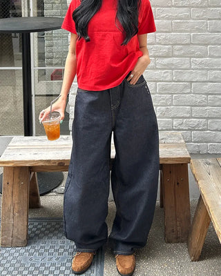 Hip studded flap pocket rigid balloon jeans