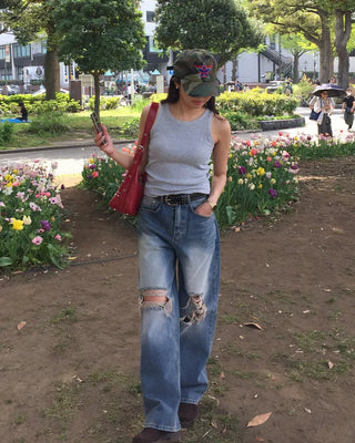 Vintage distressed wide-leg denim pants
