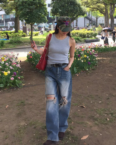 Vintage distressed wide-leg denim pants