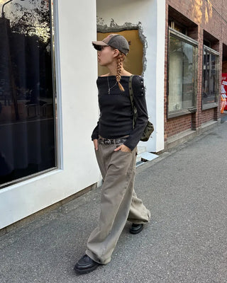 Button-wrap off-shoulder ribbed knit
